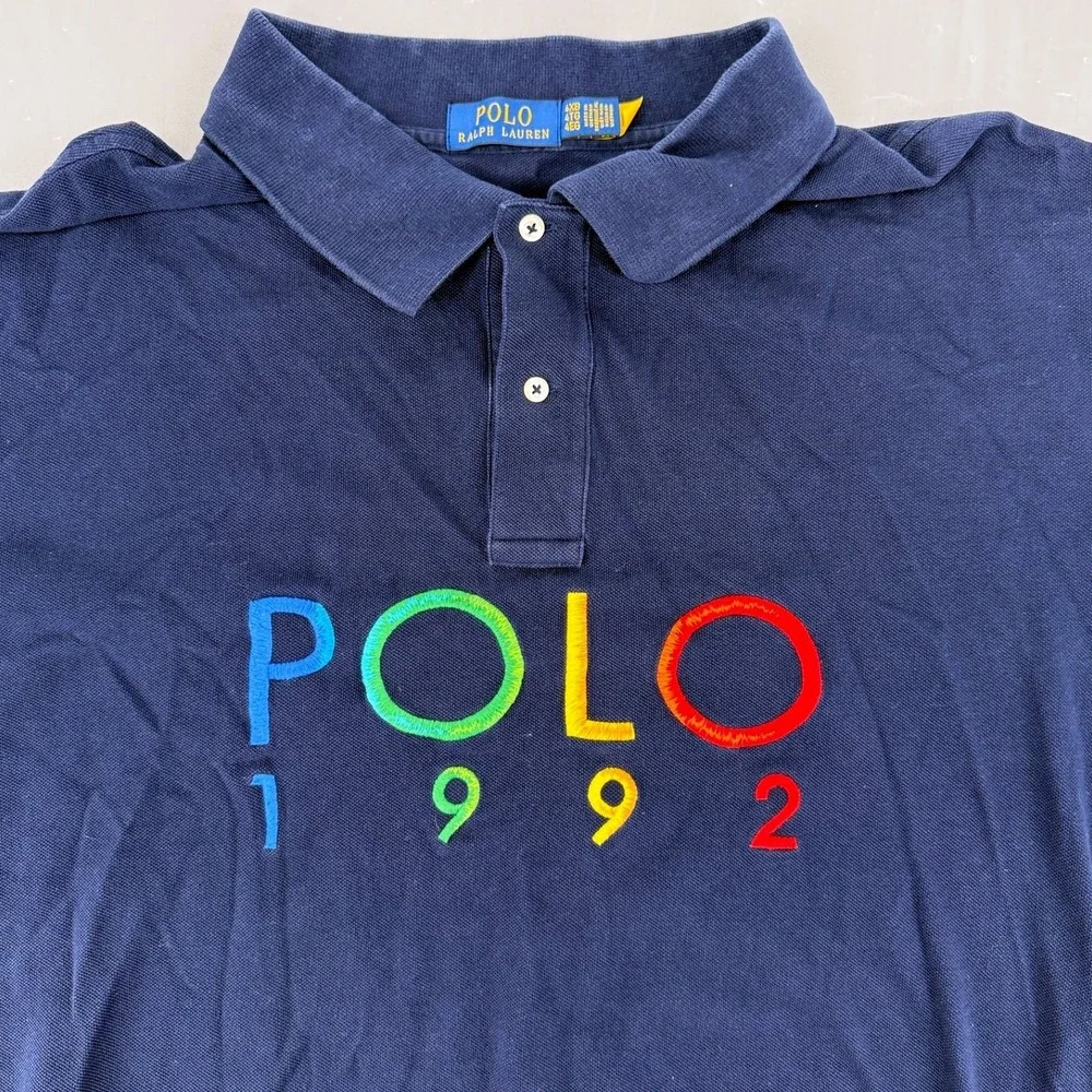 Polo Ralph Lauren Mens Navy Blue Embroidered Polo 1992 Graphic Shirt 4XB 4TG 4EG